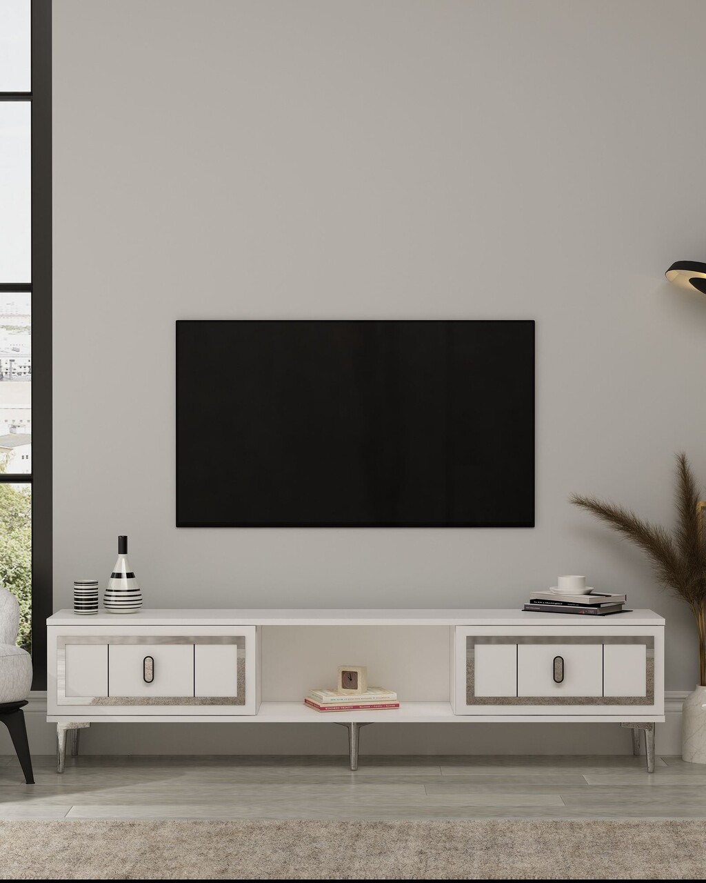 Comoda TV, Hanah Home, Orion, 150x44.6x29.6 cm, PAL , Alb / Argintiu - imagine 7
